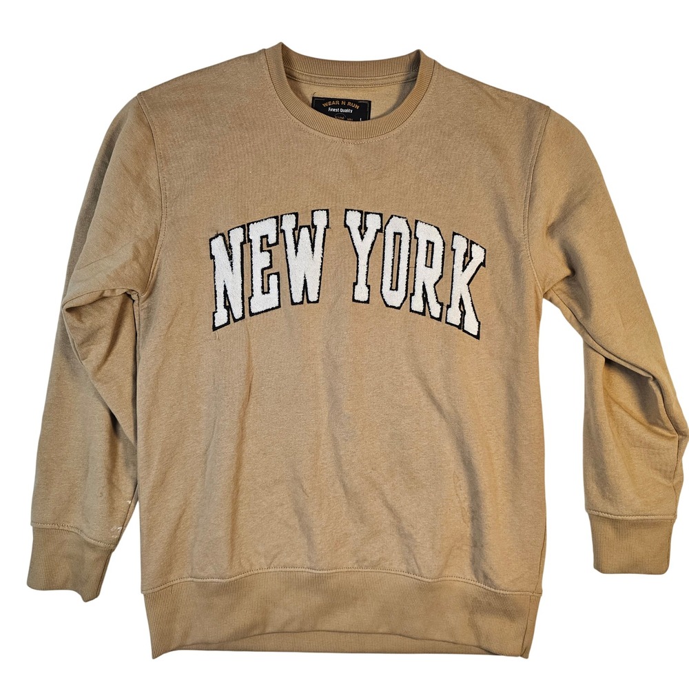 Wear N Run New York Sweatshirt Tan Brown Crewneck Large Varsity Graphic Fleece